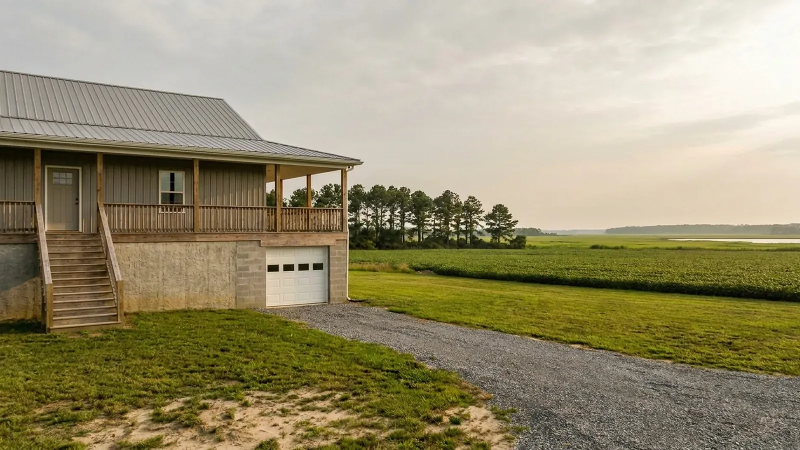 A barndominium raised on a stem-wall foundation with steps up to the entry and enclosed storage space beneath the elevated floor, on flat open land.