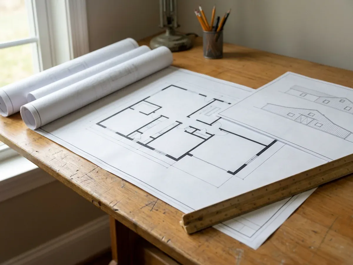 Barndominium floor plan and elevation drawings laid out on a drafting table with a scale rule.