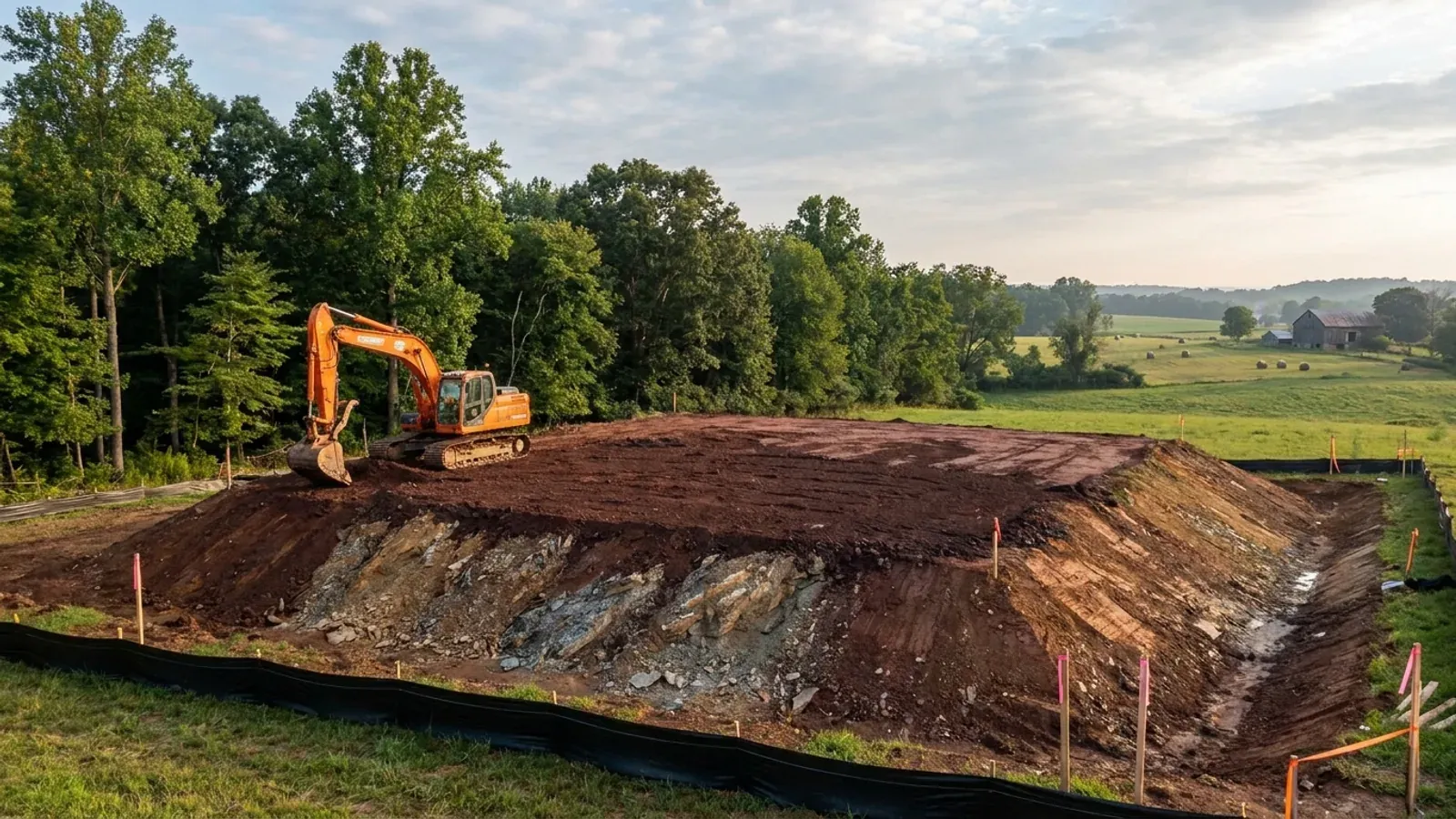 An excavator grading a compacted building pad on a cleared lot, with survey stakes, a silt fence and a drainage swale visible.