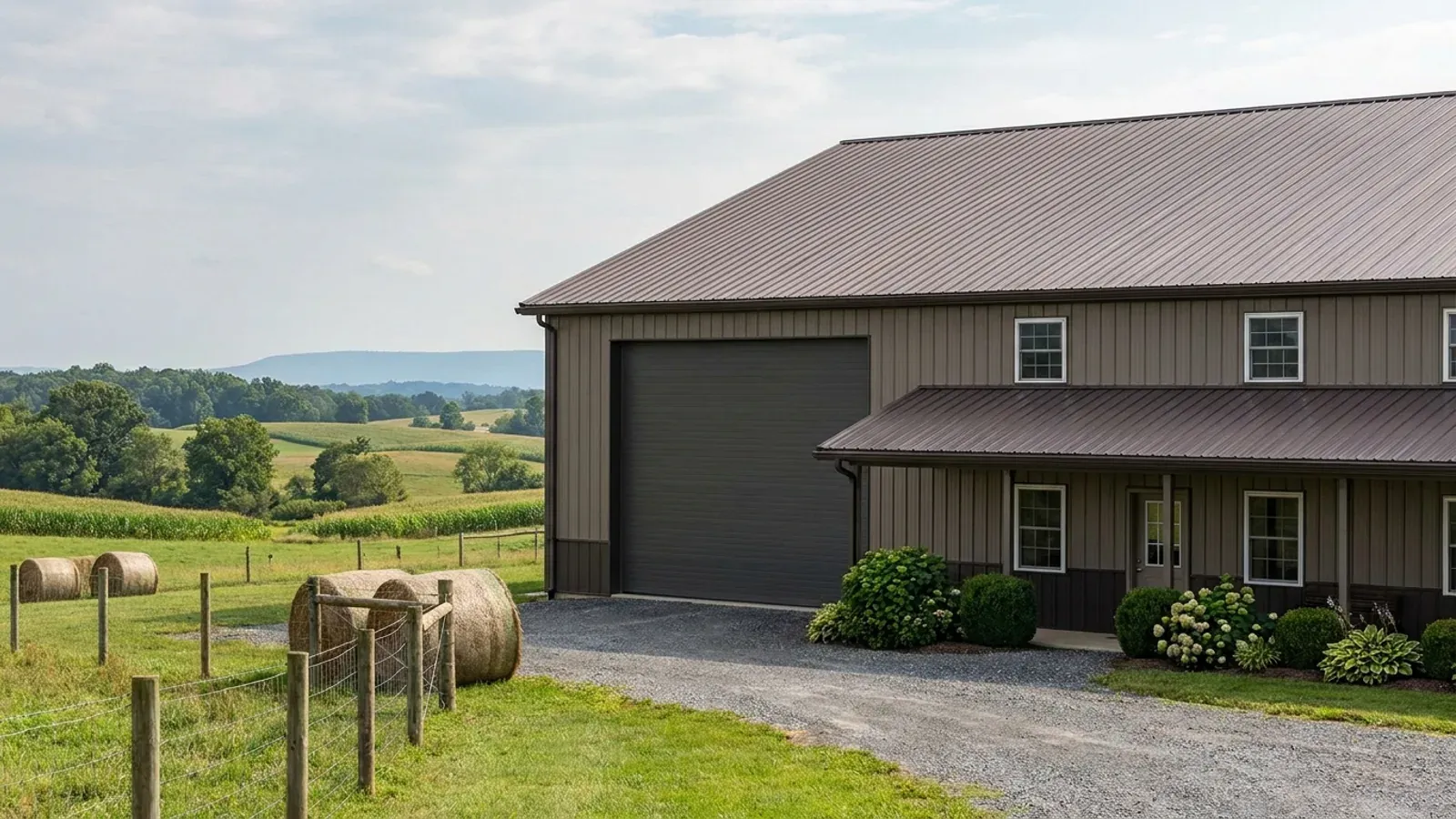 A barndominium with a tall, deep RV garage bay attached to the residence under one continuous roof.